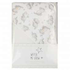 H13728: Baby Hooded Towel/Robe With Elephant Print Hood- White Trim